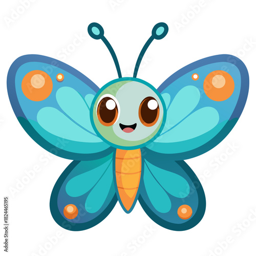 Cute cartoon blue butterfly with orange accents and happy expression Keywords: butterfly, insect, cartoon, cute, smiling, happy, blue, teal