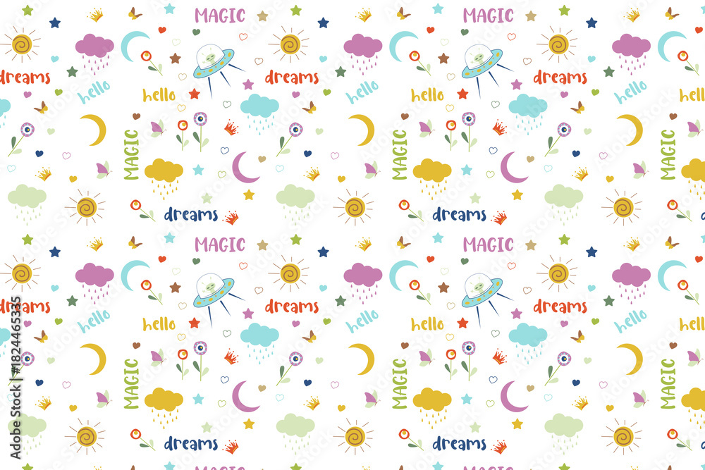 Whimsical seamless pattern with UFOs, moons, clouds, stars, hearts, and 