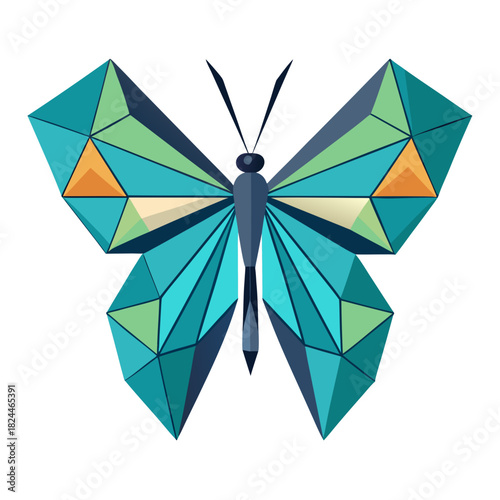 Geometric Origami Butterfly with Teal Green and Orange Polygons abstract