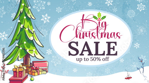 Festive Christmas sale banner featuring a decorated tree, glowing lights, wrapped gifts, and snowy winter elements. A cheerful holiday illustration perfect for seasonal promotions and discount campaig