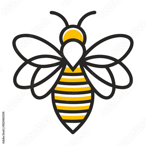 Graphic bee illustration with yellow and white stripes and pointed abdomen on white background Keywords: bee, insect, icon, symbol, animal, nature