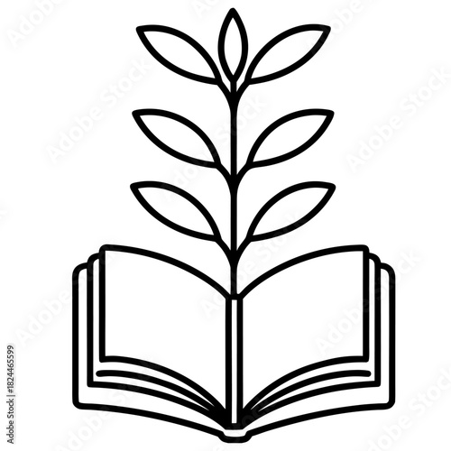 Open Book with Growing Sapling Vector Line Art. Knowledge and Growth Metaphor Icon.