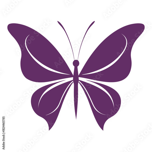 Purple butterfly silhouette with elegant wing patterns on white background Keywords: butterfly, silhouette, purple, insect, wings, elegant