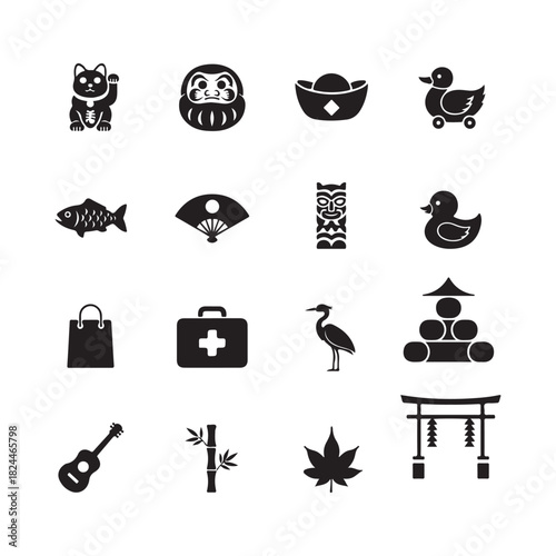 Japanese Culture Icon Set Silhouette Symbols for Vector Design