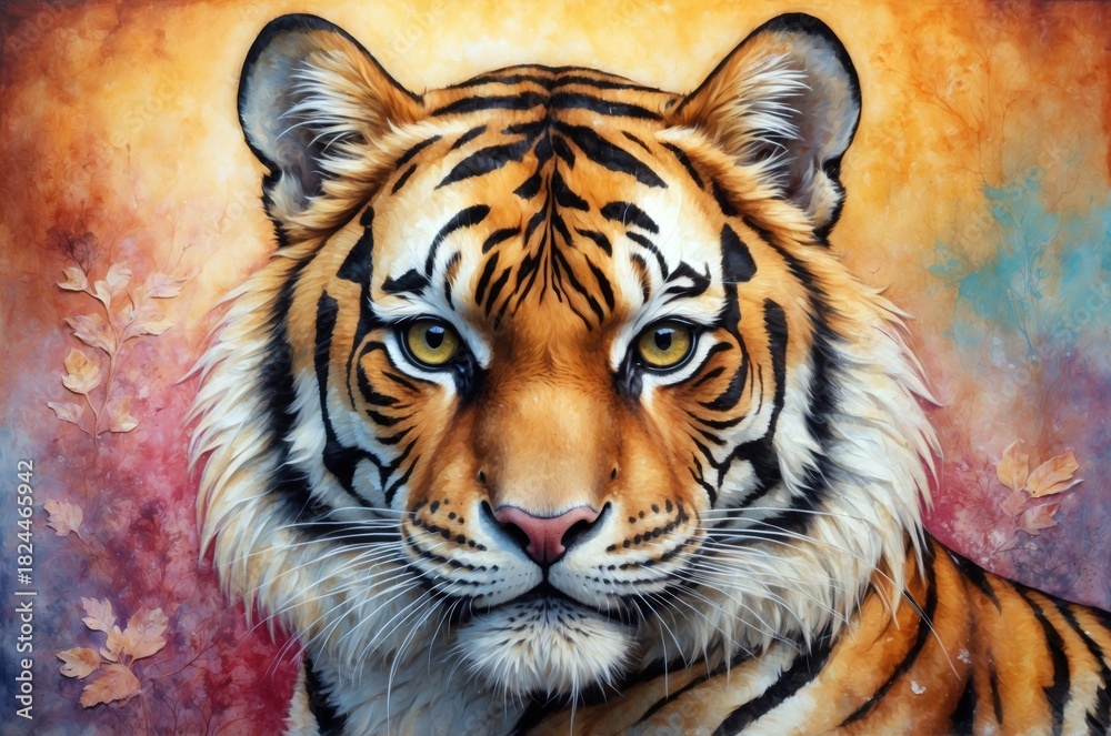 Naklejka premium Dramatic portrait of a tiger with striking features in vibrant colors against a warm background