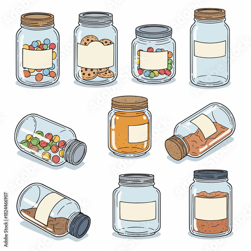 Collection of various glass jars and bottles with food items illustration