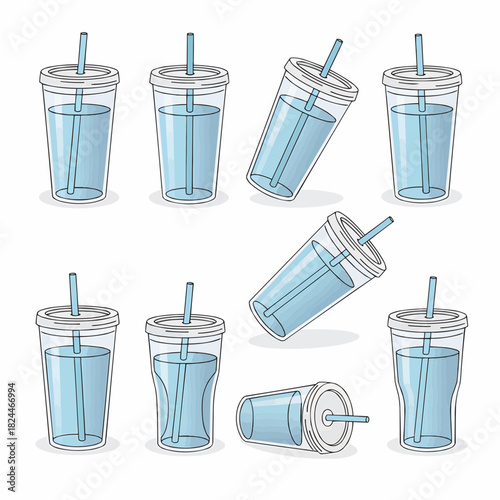 Reusable plastic tumblers and disposable cups with straws vector illustration set