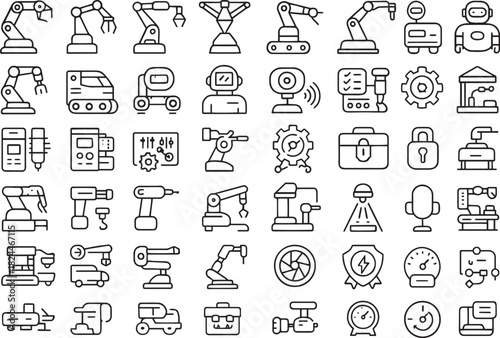Collection of automation and robotic arm icons isolated on