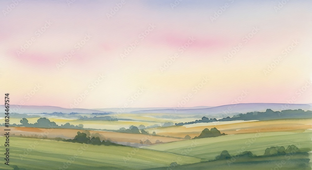 Fototapeta premium Watercolor landscape painting of rolling hills and a colorful sunset sky