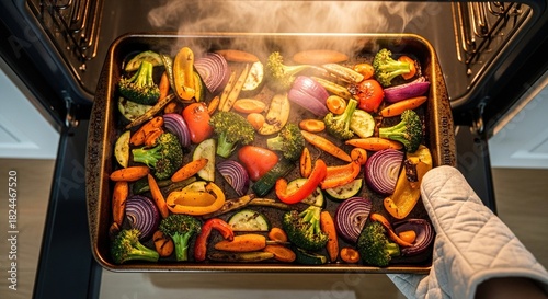 Fototapeta Naklejka Na Ścianę i Meble -  Roasted Vegetables Being Taken Out of Oven.