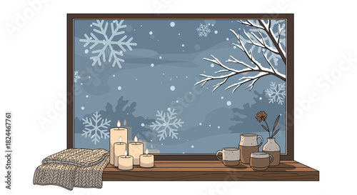 Cozy winter window scene with soft candles, warm blanket, and gentle snowfall for a relaxing holiday mood and seasonal celebration