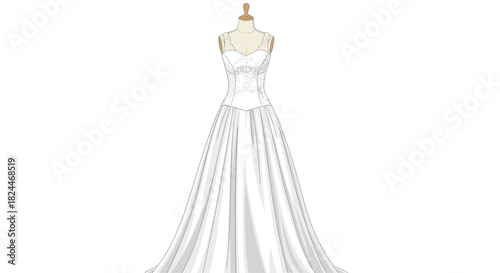 Elegant wedding dress sketch for bridal fashion design projects shows classic a-line silhouette with delicate lace details and graceful drapery