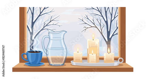 A cozy winter morning at home with steaming coffee and flickering candles overlooking the snowy landscape outside your window