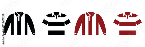 Rugby shirt icons for sports team spirit, showing striped jerseys in black and red for design elements, apparel, and spirited themes.
