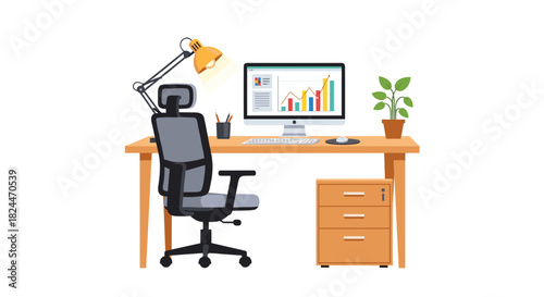 Professional workspace featuring business charts on computer with a modern desk setup ready for remote work or creative office design