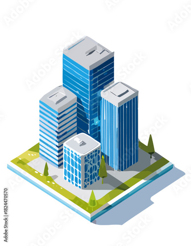 Isometric illustration of a modern city block featuring blue glass skyscrapers, representing urban architecture and a corporate business district