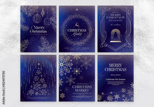 Christmas Winter Wonderland Poster Flyer Set in Classic Festive Invitation Style & Luxury Blue Gold Hues