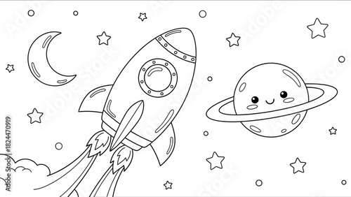 A black and white outline illustration of a rocket launching through space, surrounded by stars, a crescent moon, and a smiling Saturn-like planet.