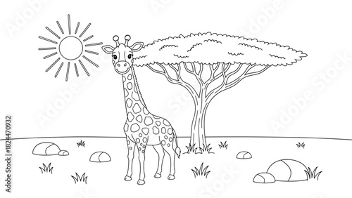 An illustration of a giraffe standing in a savanna landscape with a tree and the sun shining.