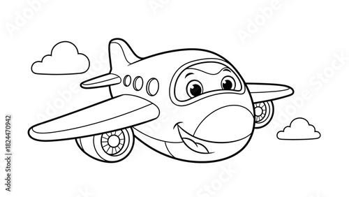 Cartoon airplane with a friendly face flying among clouds, depicted in a black and white line drawing style.