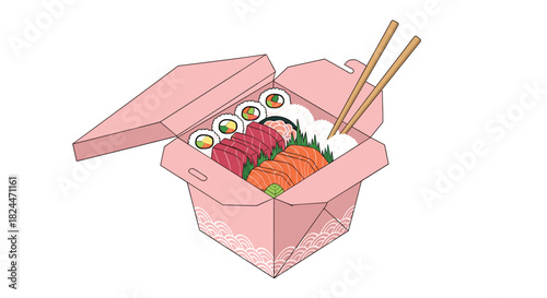 Craving authentic Japanese cuisine? Order fresh sushi, sashimi, and rolls in a cute pink takeout box for your next meal tonight