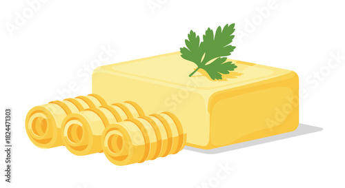 Creamy butter curls with fresh parsley for elegant breakfast spreads and delicious baking projects with vibrant color and simple design