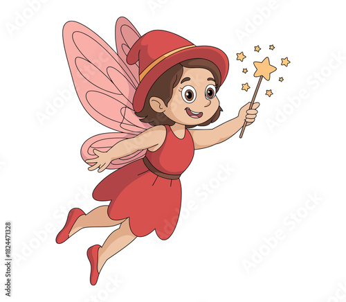 A happy cartoon fairy in a red dress flies with a magic wand.