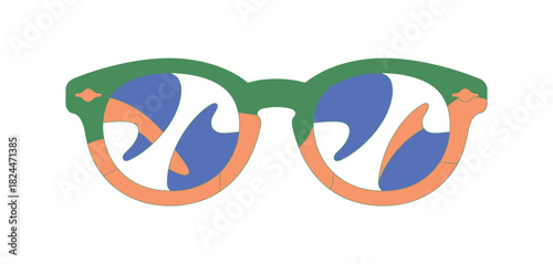 Colorful abstract glasses reflect a dynamic, swirling pattern.