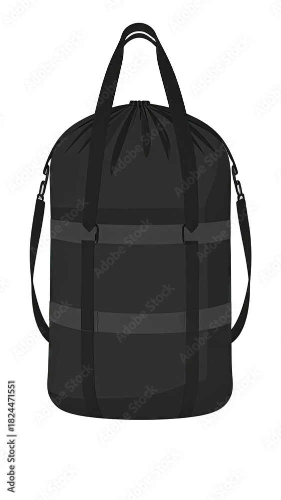 Fototapeta premium Black cylindrical duffel bag with grey reflective straps and handles.