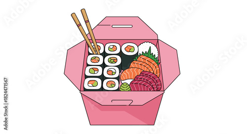 Delicious sushi and sashimi takeout box with chopsticks ready to eat, perfect for Asian cuisine lovers looking for fresh meal options