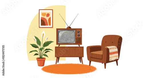 Cozy retro living room with vintage TV, comfy armchair, and vibrant earth tones for a nostalgic, relaxed vibe perfect for home decor