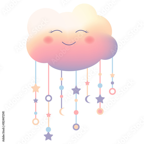 Cute pastel cloud with a smiling face, raining stars, moons, and circles. Whimsical and dreamy design perfect for kids or fantasy projects.