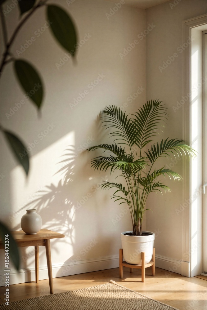 Fototapeta premium Bright Indoor Plant Near Window Casting Shadows on Wall