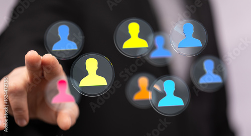 Concept of selecting or choosing team members, networking or hiring for business. Digital human touch. Business, partnership, people, and teamwo