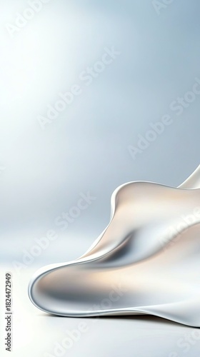 A dynamic abstract composition featuring a flowing, liquid metal-like substance with soft, diffused lighting. The texture is smooth and reflective, creating a s
