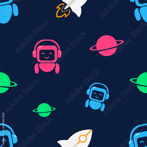 Cute robot and rocket seamless pattern. Tossed vector flat design with planets and space elements. Robotics for kids vector background for coding school branding, toy packaging, or textile print.