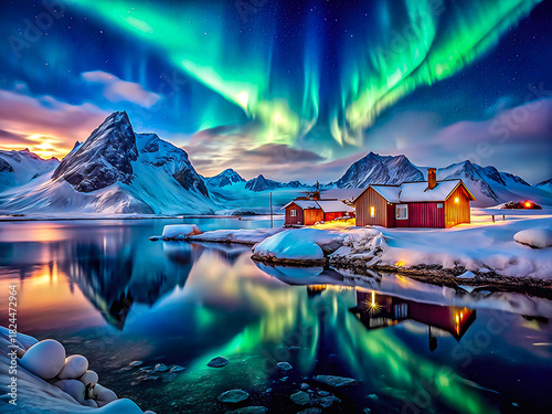 Spectacular Northern Lights Over Snowy Mountains & Cozy Cabin – Aurora Borealis