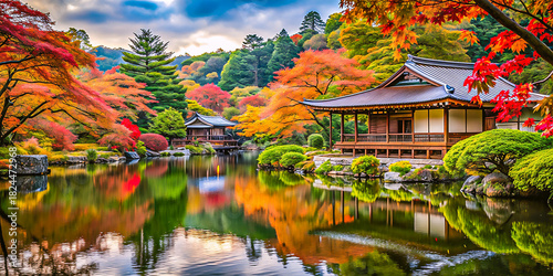 Stunning Japanese Garden in Autumn with Vibrant Red Maple Trees & Traditional Tea House