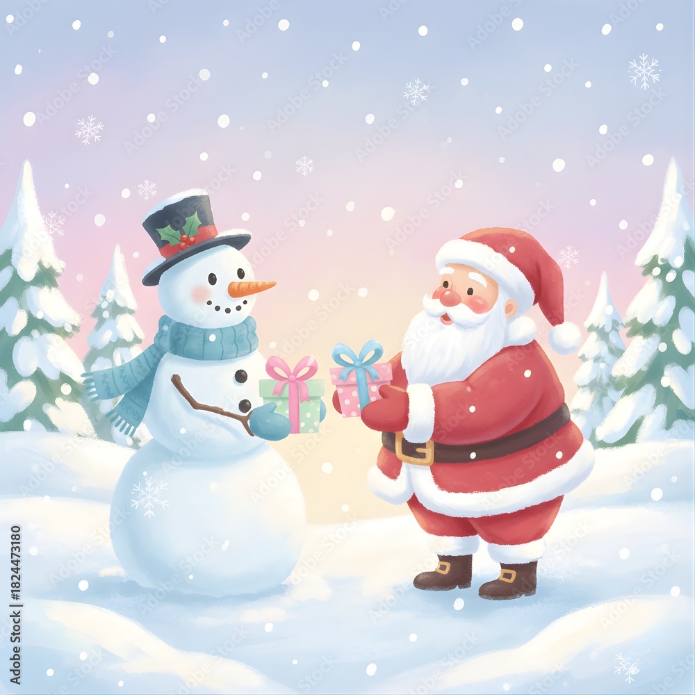 Fototapeta premium Cartoon Santa Claus and Snowman Exchanging Christmas Gifts