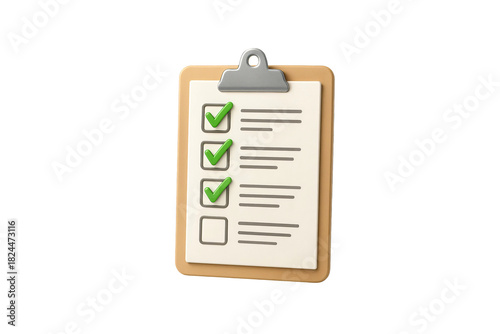 A 3D render of a brown clipboard holding a white piece of paper isolated against a transparent background.