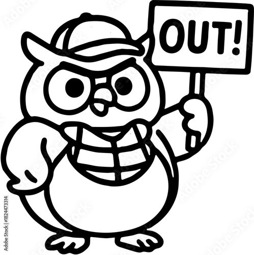 An outline of an owl umpire holding a out sigh
