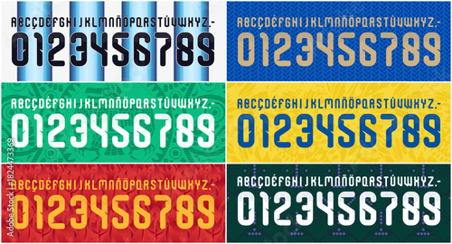 Vector type design with rounded angles, cutout shapes and bold digits displayed over textured color panels, crafted for activewear graphics, performance apparel prints and modern sports typography