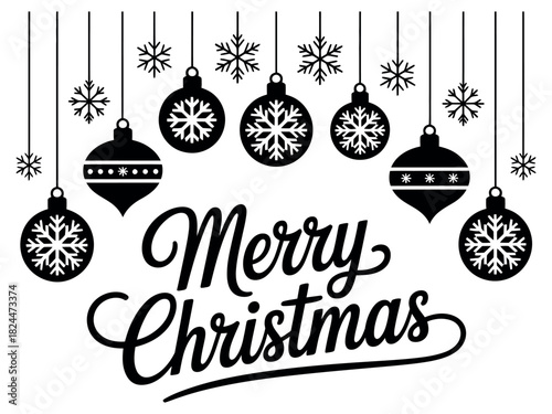 Merry Christmas greeting with festive ornaments and snowflakes.