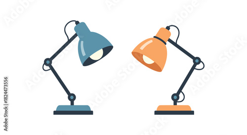 Stylish desk lamps in blue and orange hues create a vibrant workspace, perfect for study, design, or a modern home office aesthetic