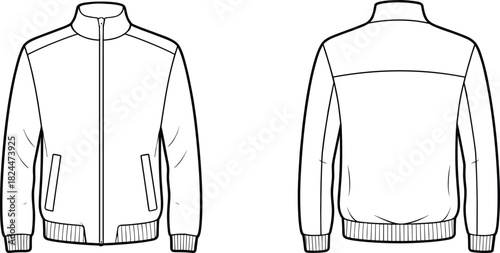 Jacket flat sketch front back view, high collar zipper closure, ribbed cuffs hem apparel template, zip pockets fashion garment technical drawing