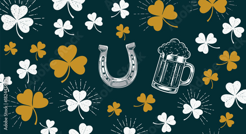 St. Patrick's Day background with shamrocks, horseshoe, and beer mug on a dark teal backdrop.