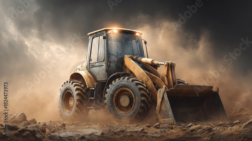 Heavy Duty Earth Mover: Industrial Backhoe Loader Working on Construction Site Under Dramatic Dusty Sky - Excavation and Development