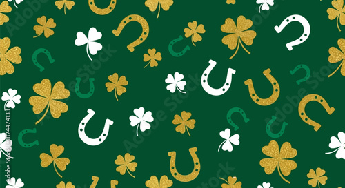 A repeating pattern of gold and white four-leaf clovers and gold and green horseshoes on a dark green background, symbolizing luck and St. Patrick's Day.