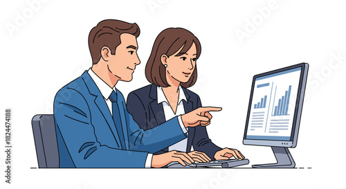Dynamic team analyzing business data on modern computer screen, planning strategy for future growth in collaborative office environment