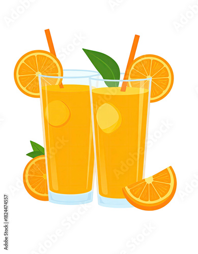 Two tall glasses of fresh orange juice with citrus garnishes and straws.